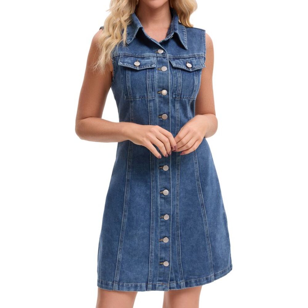 Women Denim Dress Sleeveless Collared Western Short Jean Dress Dark Blue